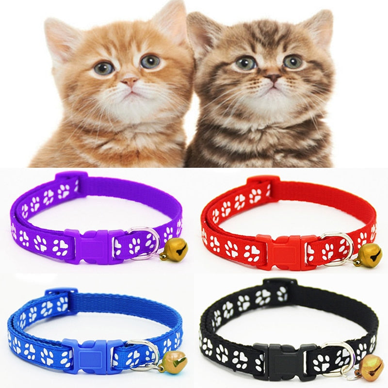 1PC New Puppy Pet Collar Adjustable Cat Dog Printing Footprint  With Lovely Small Bell Nylon Fabric Kitten Collars