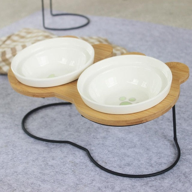 New High-end Pet Bowl Bamboo Shelf Ceramic Feeding and Drinking Bowls for Dogs and Cats Pet Feeder Accessories