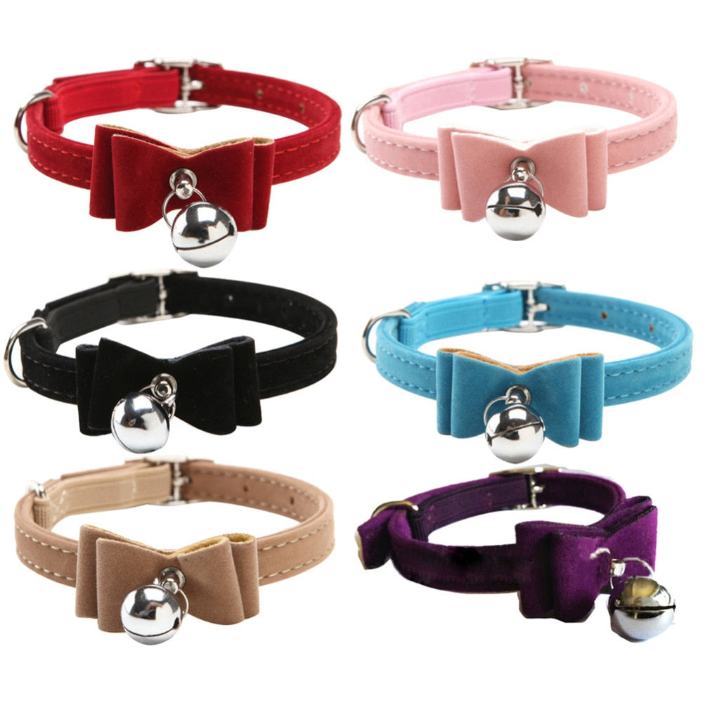 Cat Collar kitten Velvet Bow Tie Safety Elastic Bowtie Bell 6 colors  Pet supplies Puppy Kitten Bell Bowknot Collar PU Necktie