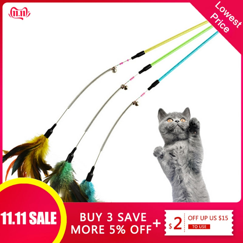 Funny Feather Spring Kitten Cat Toy Feather Rod Teaser Bell Bead Play Pet Wand Teasing with Colored Beads freeshipping