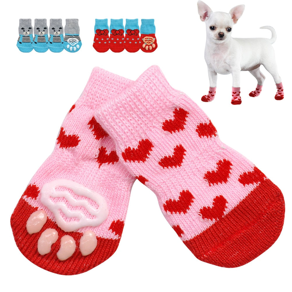 4Pcs/Pair Winter Dog Shoes Anti-Slip Knit Socks Small Dogs  Cat Shoes Chihuahua Thick Warm Paw Protector Dog Socks Accessories