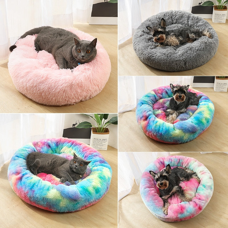 Round Plush Cat Bed House Round Pet Dog Bed For Small Dogs Cats Soft Long Plush Cat Bed Nest Winter Warm Sleeping Bed Puppy Mat