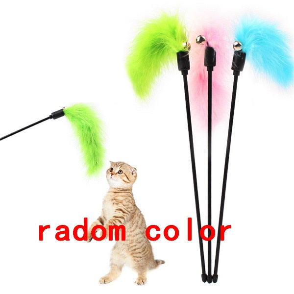 Funny Feather Spring Kitten Cat Toy Feather Rod Teaser Bell Bead Play Pet Wand Teasing with Colored Beads freeshipping