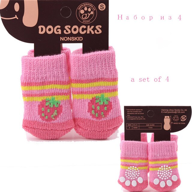 4pcs/set Lovely Cartoon Pets Dog Socks Non-slip Warm Puppy Cat Dog Socks Strawberry/Frog/Bear Pattern Skid Bottom Stocking S/M/L