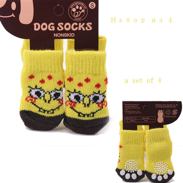 4pcs/set Lovely Cartoon Pets Dog Socks Non-slip Warm Puppy Cat Dog Socks Strawberry/Frog/Bear Pattern Skid Bottom Stocking S/M/L