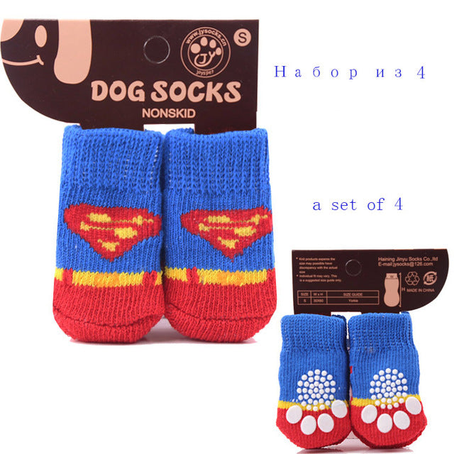 4pcs/set Lovely Cartoon Pets Dog Socks Non-slip Warm Puppy Cat Dog Socks Strawberry/Frog/Bear Pattern Skid Bottom Stocking S/M/L