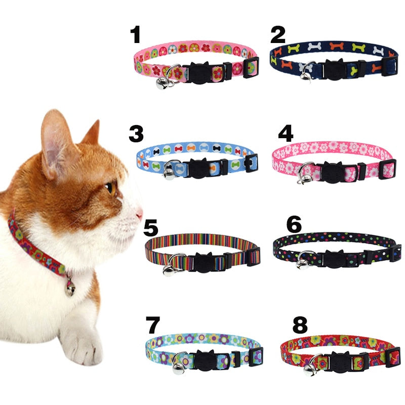 2019 Newly Cat Collar With Bell Safety Buckle Adjustable Kitten Small Dogs Cats Printing Collars Pet Supplies 8 Colors